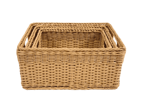 Handcrafted Rectangular PE Resin Basket Set with Cut-Out Handles